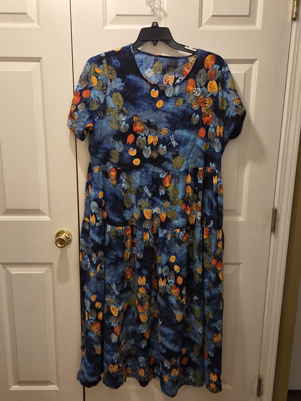 Blue Floral-Print Maxi Dress with Short Sleeves